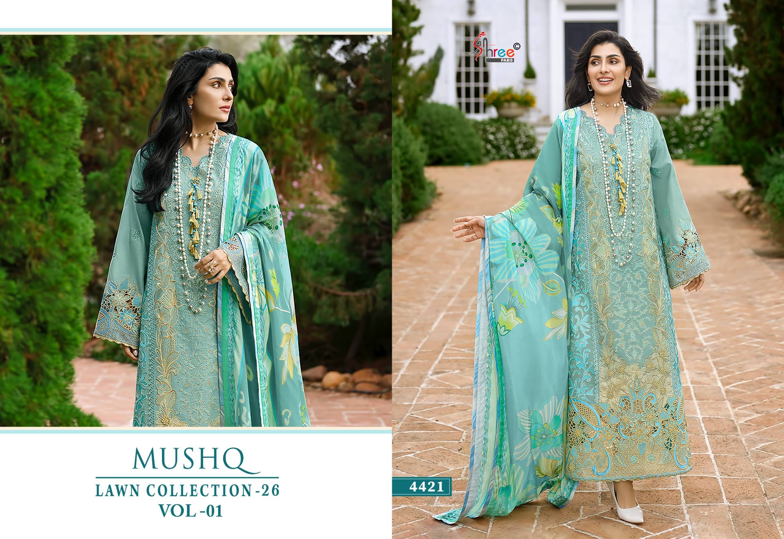 MUSHQ LAWN COLLECTION VOL-1 By Shree fabs 4421 To 4426 Series Pakistani Stylish Embroidered PURE COTTON Dresses At Wholesale Price